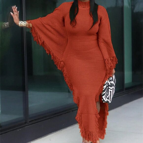 Dresses & Skirts - Rust Brown Casual Women's Fringe Trim Batwing Sweater maxi Dress